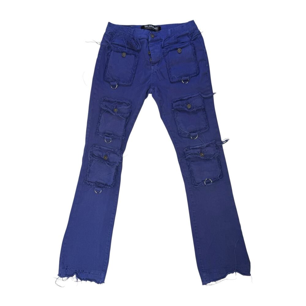 VALABASAS Royal Blue Distressed Multi-Pocket Flare Stacked Cargo Jeans